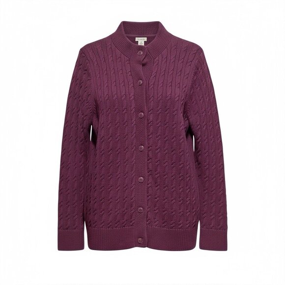 LL Bean Purple Cable Knit Button Fisherman Cotton Cardigan Sweater Womens Medium - Picture 1 of 9
